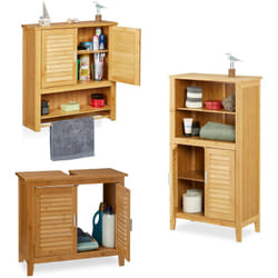 Relaxdays - Set de salle de bain lamell, meuble sous lavabo, armoire avec portes, étagère murale avec porte-serviettes, en bambou