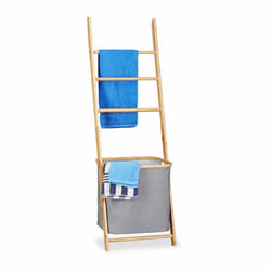 Porte-serviettes bambou panier à linge échelle à poser barreaux sac à linge HxlxP: 139 x 43,5 x 33cm, nature - Relaxdays