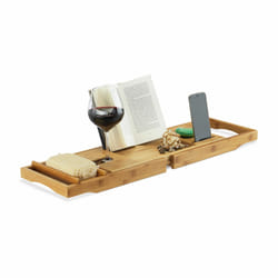 Pont de baignoire bambou baignoire extensible salle de bain serre-livre HxlxP: 19 x 107,5 x 23 cm, nature - Relaxdays