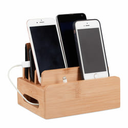 Relaxdays - Station de Charge Bambou, Support Téléphone 6 Appareils, Boîte de Rangement Câbles en Bois, 9x17x13cm, Nature