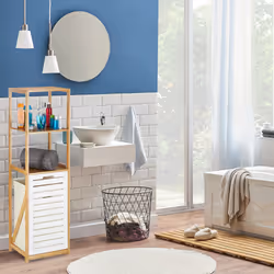 Relaxdays Étagère de salle de bain avec panier à linge bambou meuble sur pied 3 casiers HxlxP: 130 x 37 x 33 cm, nature