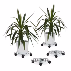 Porte plantes à roulettes lot de 4 avec freins support pot de fleurs rond en métal HxLxP: 6 x 32 x 32 cm argenté