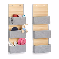 Rangement mural lot de 2 organiseur à suspendre 3 compartiments salle de bain pliable 33 cm bambou tissu gris