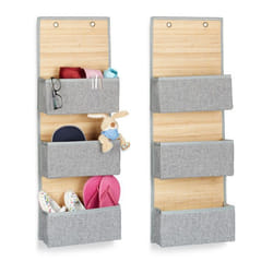 Rangement mural lot de 2 organiseur à suspendre 3 compartiments salle de bain pliable 33 cm bambou tissu gris