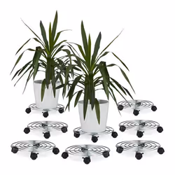 Porte plantes à roulettes lot de 8 avec freins support pot de fleurs rond métal HxLxP : 6 x 32 x 32 cm argenté