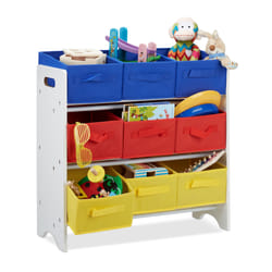 Tagère enfants tiroirs, 9 Boîtes de rangement jouets colorées, mdf, hlp : 62 x 63 x 28cm, blanc/multicolore - Relaxdays