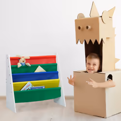 Tagère enfants, Bibliothèque chambre, Etagère rangement livres, mdf + Polyester, 4 compartiments, multicolore - Relaxdays