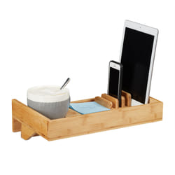 Plateau de Lit, Bambou, Tablette, Table de nuit, Organiseur, Porte-gobelet d : 9 cm, Peu encombrant, nature - Relaxdays
