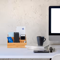 Relaxdays - organiseur de bureau, 6 compartiments pour stylos, feuilles, lettres, agrafeuses, bambou, naturel