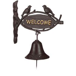 Relaxdays - Cloche Sonnette Fonte welcome Style antique Lettres d'or Enseigne Oiseaux Porte Maison & Jardin, brun foncé