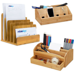 Relaxdays - Set de bureau 3 pièces, en bambou, pot à crayons, porte-documents, organiseur avec support pour portable, nature