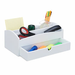 Relaxdays Organiseur de bureau, Organiseur en bambou, avec compartiments et tiroir, Bureau, HLP 11 x 27,5 x 15 cm, blanc