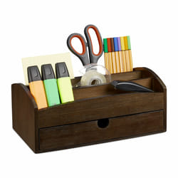 Relaxdays - Organiseur de bureau, Organiseur en bambou, avec compartiments et tiroir, hlp 11 x 27,5 x 15 cm, marron foncé