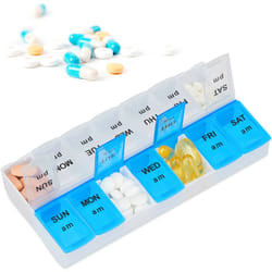 Relaxdays Pilulier 7 jours 2 compartiments anglais boîte médicaments semainier matin soir blanc bleu