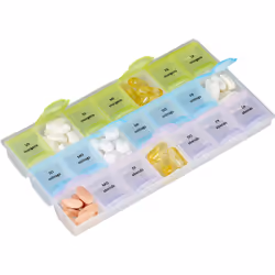 Gardez un aperçu sur vos médicaments journaliers à prendre avec ce pilulier semainier. La boîte est divisée en 21 compartimen ...