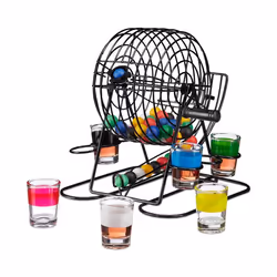 Relaxdays Jeu à boire bingo tonneau de loto avec manivelle et fixation 6 verres à shot 48 boules EVG/EVJF coloré