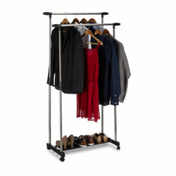 Portant à vêtements à roulettes, 2 tringles, porte-manteaux, rangement chaussures, 162x150x48 cm, argent/noir - Relaxdays