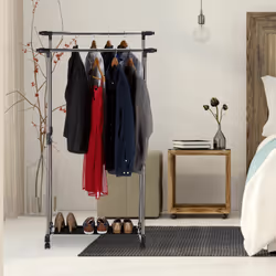 Portant à vêtements à roulettes, 2 tringles, porte-manteaux, rangement chaussures, 162x150x48 cm, argent/noir - Relaxdays