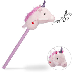 Relaxdays - Cheval à bâton licorne enfants, son hennissements, bruits de sabots, jouet en bois, peluche jeu, 74 cm, rose