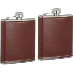 Relaxdays - Flasque inox 200 ml, lot 2, réservoir alcool en acier inoxydable avec faux cuir fiole de poche, brun