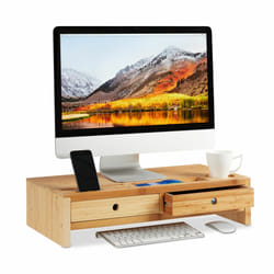 Relaxdays - Support pour moniteur, bambou, rehausseur pour écran avec 2 tiroirs & compartiments, 14 x 60 x 30 cm, nature