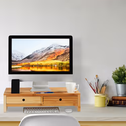 Relaxdays - Support pour moniteur, bambou, rehausseur pour écran avec 2 tiroirs & compartiments, 14 x 60 x 30 cm, nature
