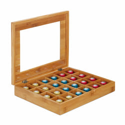 Boîte à thé en bambou, 24 compartiments, rabattable, rangement capsules, petite vitre, café, naturel - Relaxdays