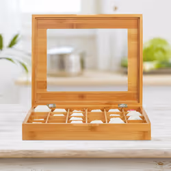 Boîte à thé en bambou, 24 compartiments, rabattable, rangement capsules, petite vitre, café, naturel - Relaxdays