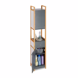 Relaxdays Armoire haute de salle de bain 2 portes en MDF avec un cadre en bambou HLP 165 x 315 x 29 cm gris