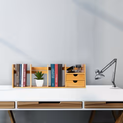 Relaxdays - Organiseur de bureau, Organisateur en bambou, bibliothèque, 2 tiroirs, fournitures, hlp 21x80,5x19 cm, nature
