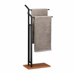 Porte-serviettes sur pied, Support pour serviettes de bain 2 barres fer aspect bois, 88 x 40 x 20 cm, noir - Relaxdays