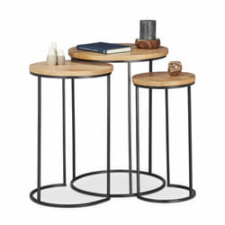 Relaxdays Table basse lot de 3, Tables d’appoint rondes, Table de chevet 3 tailles, En métal et bois de manguier, nature