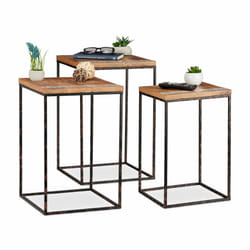 Table basse lot de 3, Tables d'appoint carrées, Table chevet 3 tailles, Métal et bois de manguier, marron/noir - Relaxdays