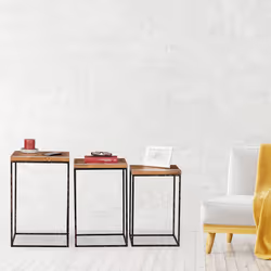 Table basse lot de 3, Tables d'appoint carrées, Table chevet 3 tailles, Métal et bois de manguier, marron/noir - Relaxdays
