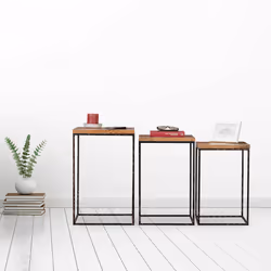 Table basse lot de 3, Tables d'appoint carrées, Table chevet 3 tailles, Métal et bois de manguier, marron/noir - Relaxdays - Vue supplémentaire 5