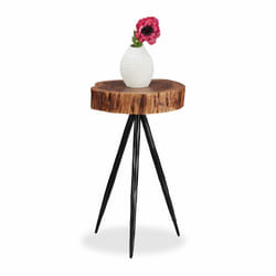Relaxdays - Table d'appoint en bois de manguier, tronc d'arbre, pieds métalliques, salon, Table chevet ronde, 50cm de haut, nature