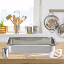 Relaxdays Plat à four set de 3 pièces en acier, moule avec spatule et salière, HxLxP: 7x38x27 cm, argent