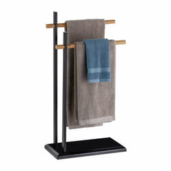 Porte-serviettes sur pied, Support pour serviettes de bain 2 barres, bambou, métal, 85,5x45x22,5 cm, noir - Relaxdays