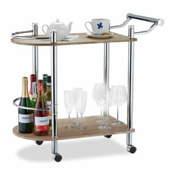Chariot de Service à 2 Étages, Optique Bois, mdf & Acier, 4 Roues, Poignée, Desserte de Bar, 76x39x82cm, Marron - Relaxdays