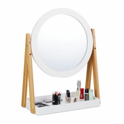 Relaxdays Miroir à cosmétique, rotatif, avec rangement pour maquillage, miroir de table ∅ 32,5 cm, bambou, blanc-naturel
