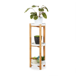 Relaxdays Etagère à fleurs, 3 étages, bambou et MDF, rond, moderne pour l’intérieur, HxL: 79 x 30 x 30 cm, naturel/blanc