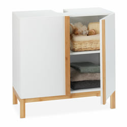 Relaxdays Meuble Dessous de Lavabo, Bambou, Meuble Sous Vasque, Evier salle de bains, HxLxP 61 x 60 x 30cm, blanc/nature
