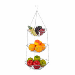 Panier suspendu 3 étages,corbeilles accrochées fruits, au plafond, peu de place dans la cuisine, acier,argent - Relaxdays
