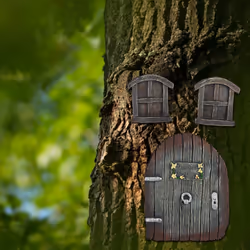 Relaxdays - Décoration pour tronc d'arbre, maison de lutins, elfes, fées, déco de jardin féerique, porte, fenêtres, marron