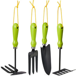 Relaxdays - Outillage de jardin, jeu de 4 pièces, truelle à fleurs, serfouettes, jeu d'outils pour plantes, en fer, vert