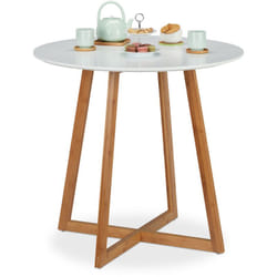 Table d'appoint ronde, table de salle à manger, cuisine, pieds bambou en croix, h x d 75 x 80 cm, blanc/nature - Relaxdays
