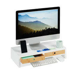 Relaxdays Support moniteur, 2 tiroirs, Rehaussement PC pour bureau Bambou et MDF HLP: 12 x 55,5 x 27 cm, blanc/nature