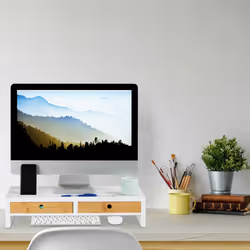Relaxdays Support moniteur, 2 tiroirs, Rehaussement PC pour bureau Bambou et MDF HLP: 12 x 55,5 x 27 cm, blanc/nature