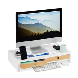 Relaxdays Support moniteur rehausseur d’écran XL en bambou et MDF 2 tiroirs organiseur HBT 11x58.5x325 cm blanc