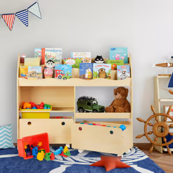 Relaxdays Etagère enfants, rangement de jouets, boîtes en plastique, pour Livres, MDF, HxlxP 88 x 108 x 29 cm brun
